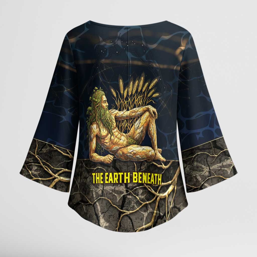 Geb Kimono Sleeve Blouse Ancient Egyptian Cracked Earth and Wheat Illustration Egyptian Earth God - Wonder Print Shop