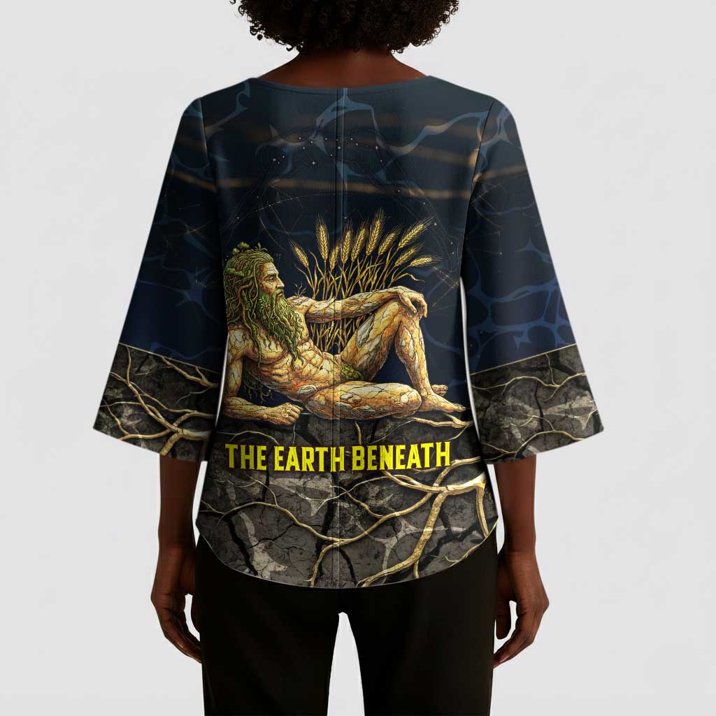 Geb Kimono Sleeve Blouse Ancient Egyptian Cracked Earth and Wheat Illustration Egyptian Earth God - Wonder Print Shop