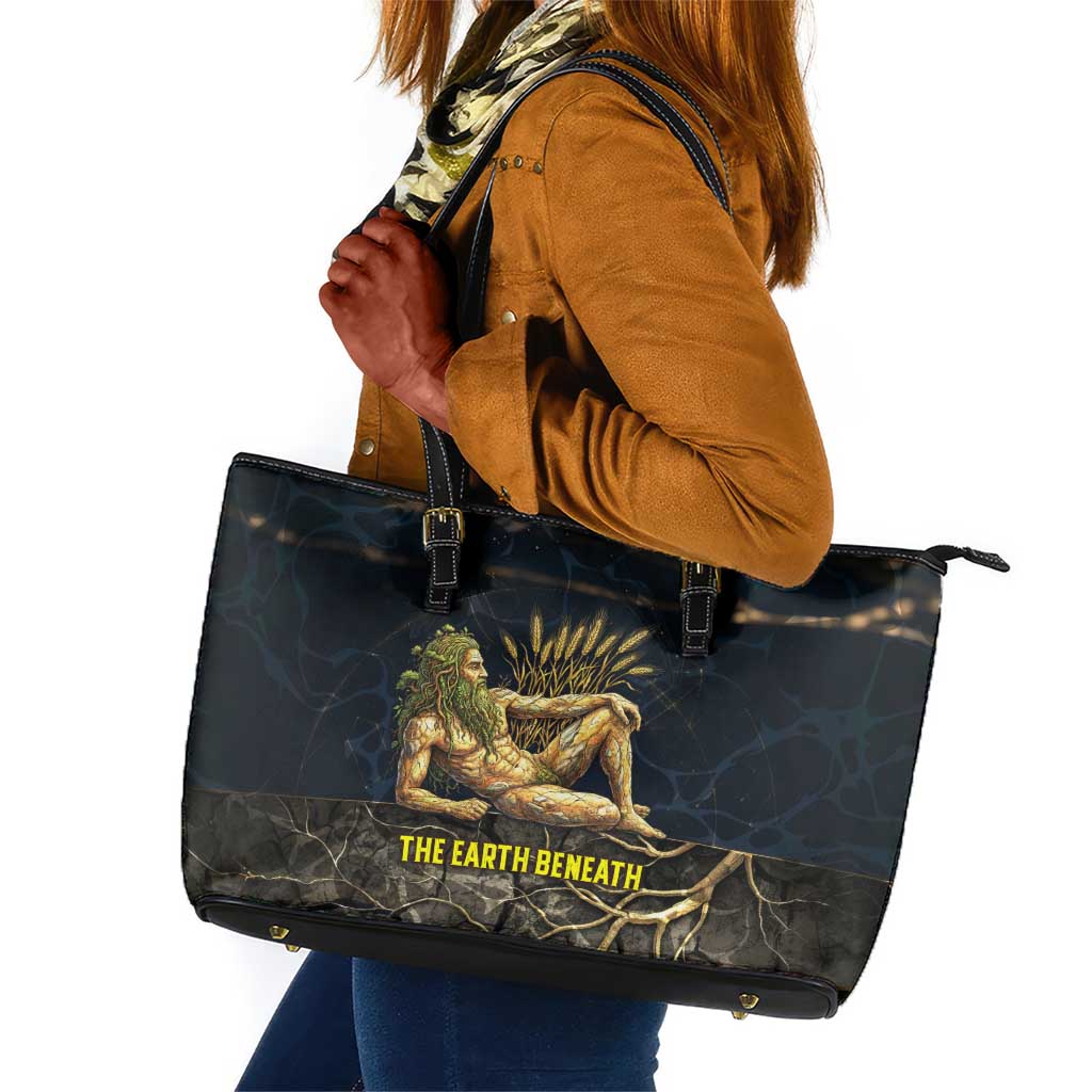Geb Leather Tote Bag Ancient Egyptian Cracked Earth and Wheat Illustration Egyptian Earth God - Wonder Print Shop
