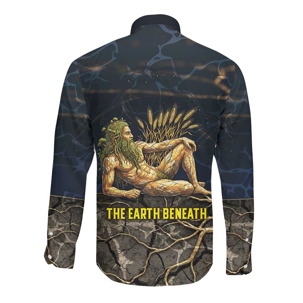 Geb Long Sleeve Button Shirt Ancient Egyptian Cracked Earth and Wheat Illustration Egyptian Earth God - Wonder Print Shop