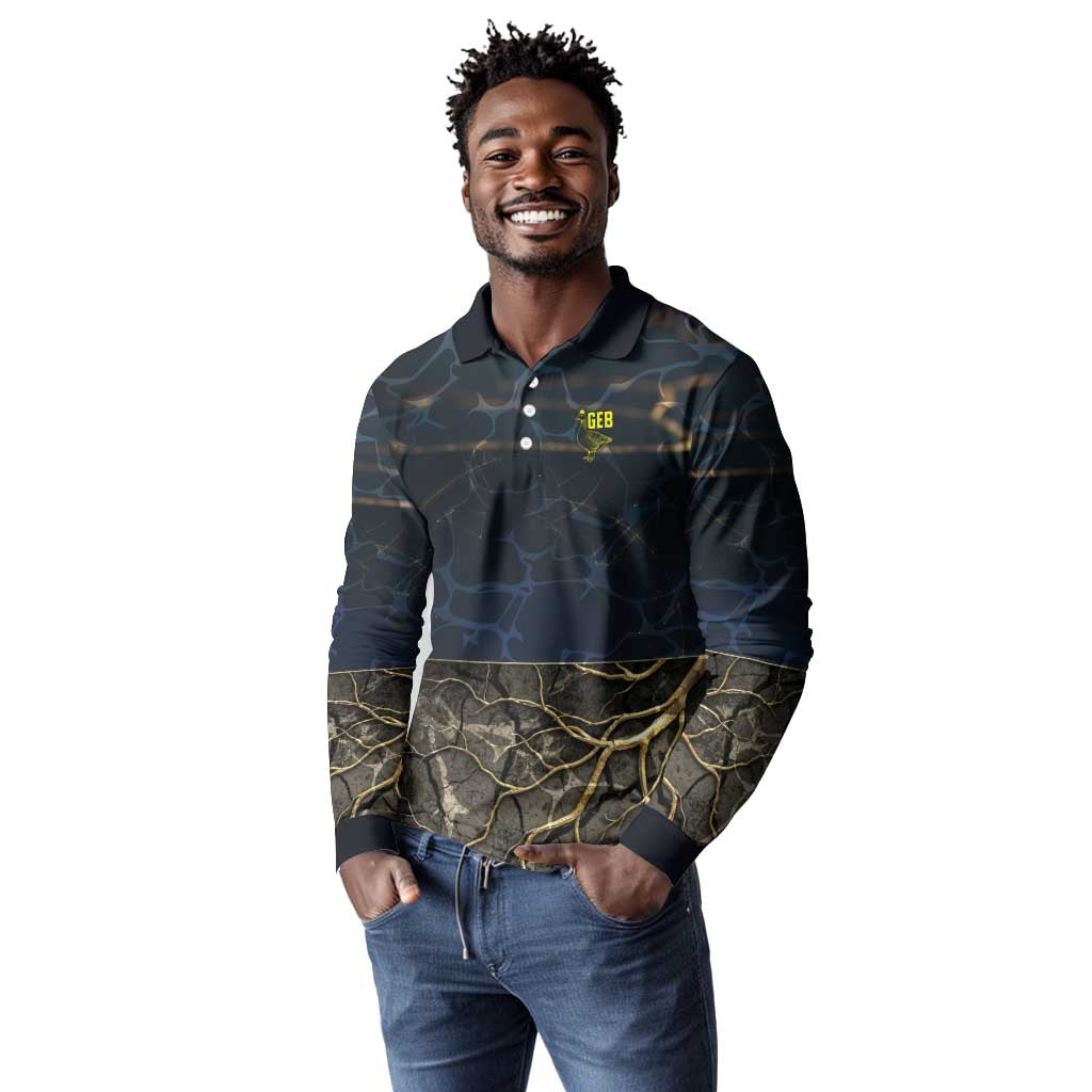 Geb Long Sleeve Polo Shirt Ancient Egyptian Cracked Earth and Wheat Illustration Egyptian Earth God - Wonder Print Shop