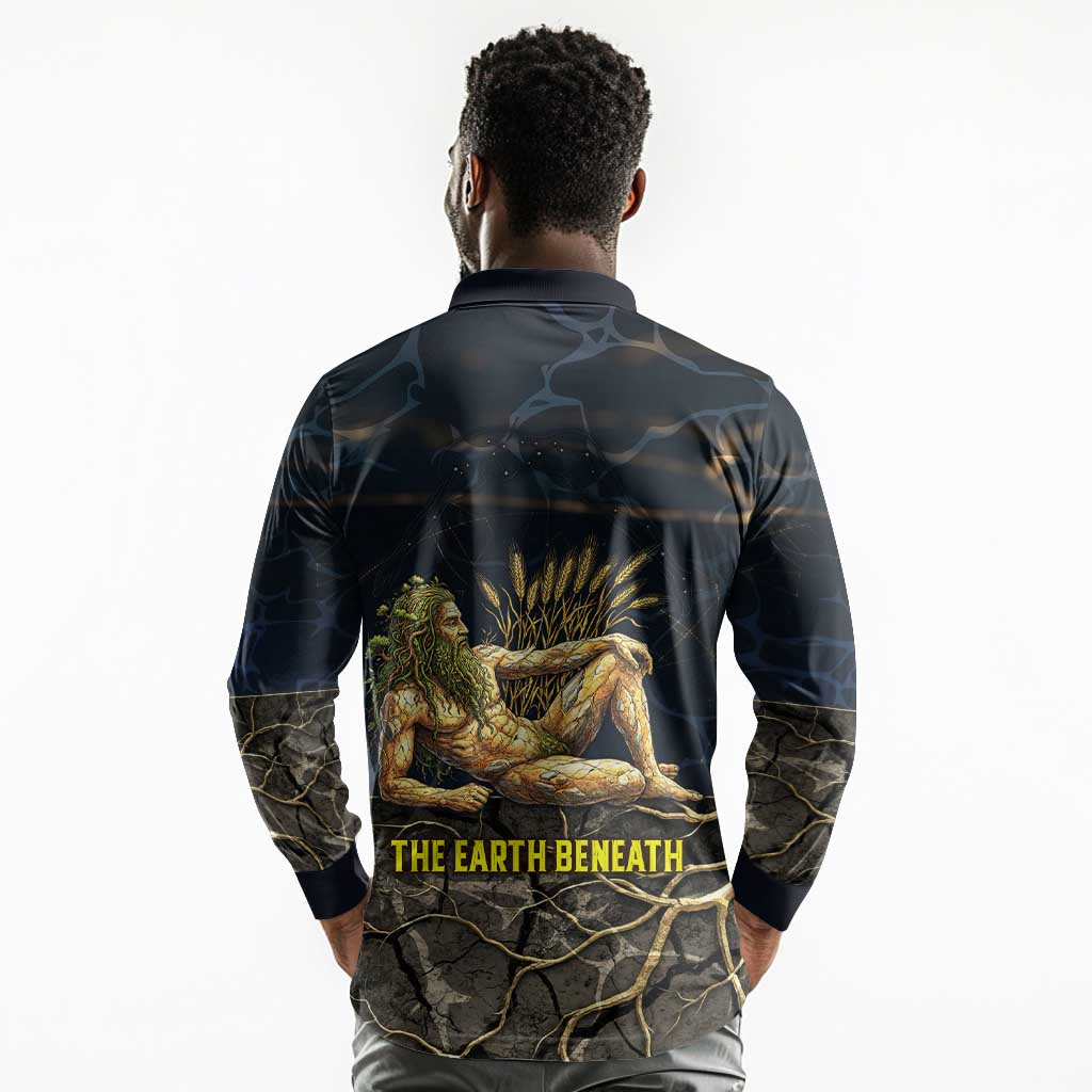 Geb Long Sleeve Polo Shirt Ancient Egyptian Cracked Earth and Wheat Illustration Egyptian Earth God - Wonder Print Shop
