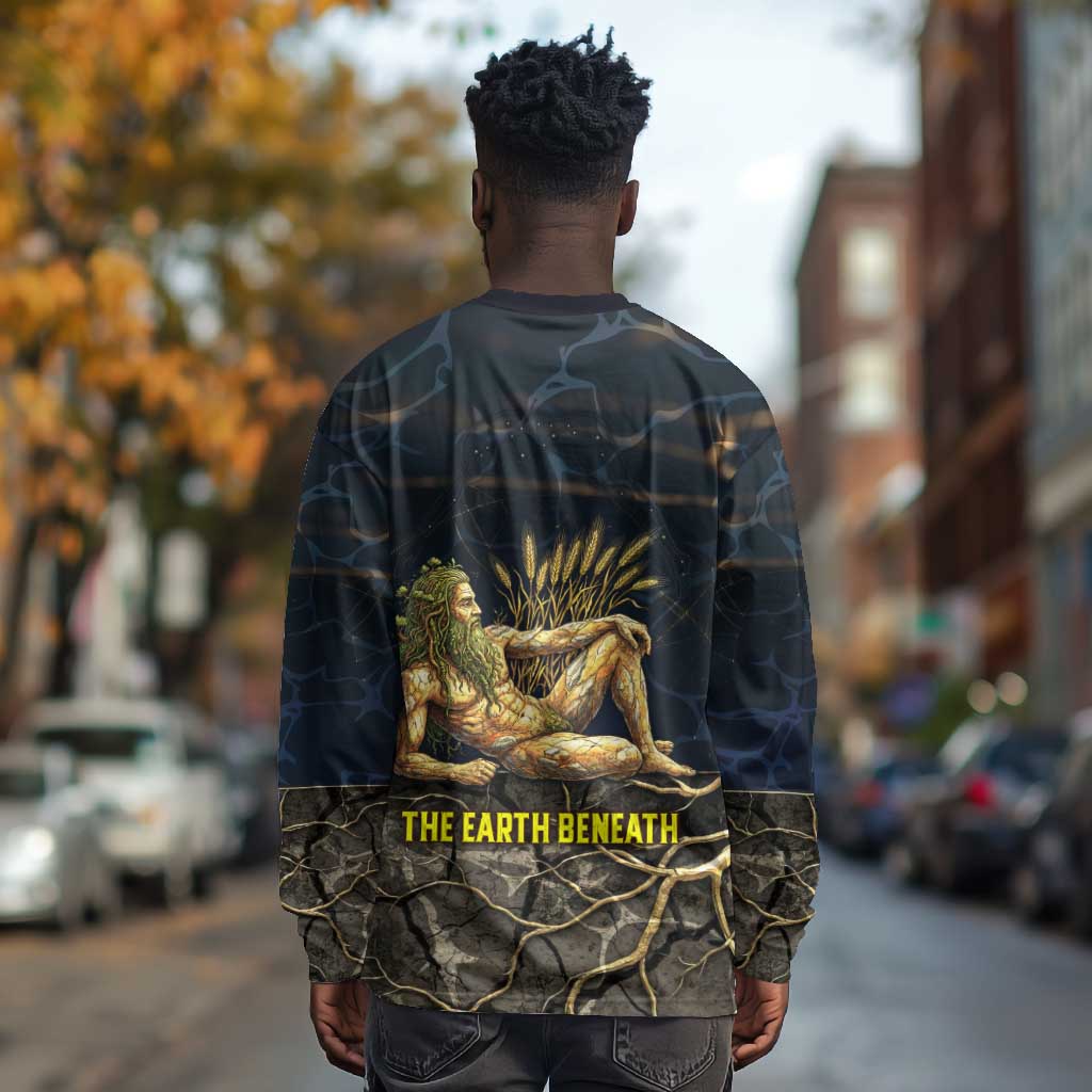 Geb Long Sleeve Shirt Ancient Egyptian Cracked Earth and Wheat Illustration Egyptian Earth God - Wonder Print Shop