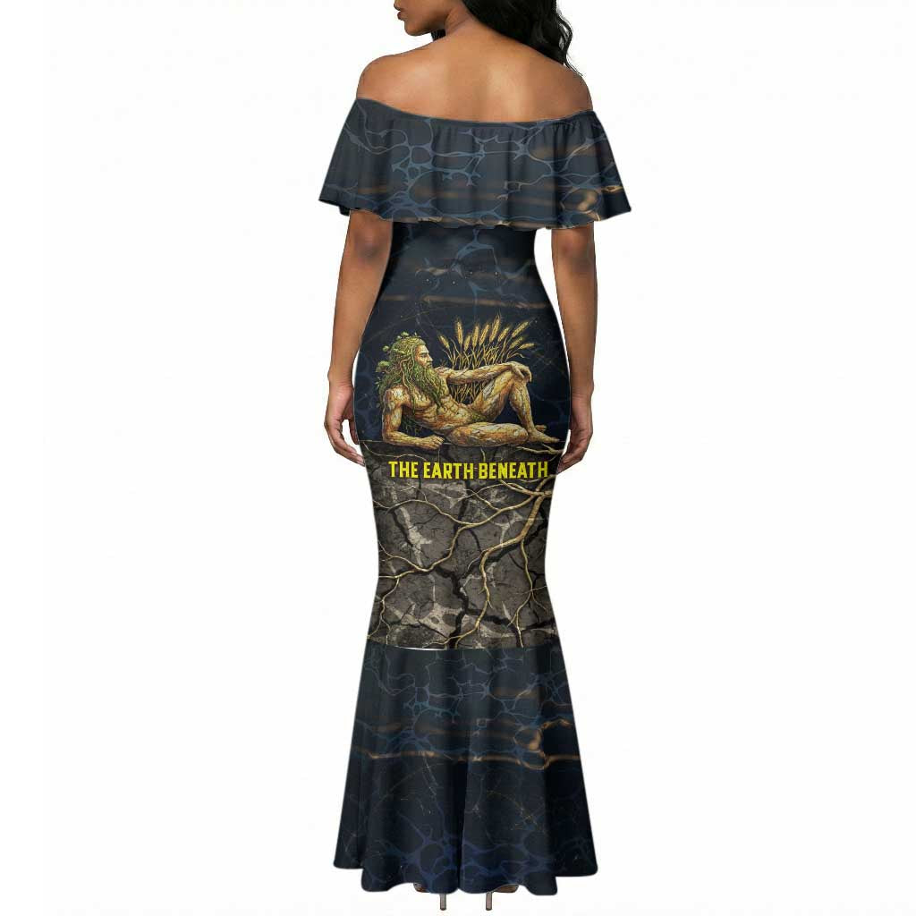 Geb Mermaid Dress Ancient Egyptian Cracked Earth and Wheat Illustration Egyptian Earth God - Wonder Print Shop