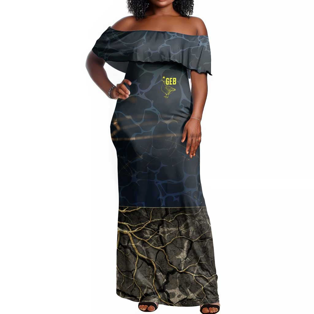Geb Off Shoulder Maxi Dress Ancient Egyptian Cracked Earth and Wheat Illustration Egyptian Earth God - Wonder Print Shop