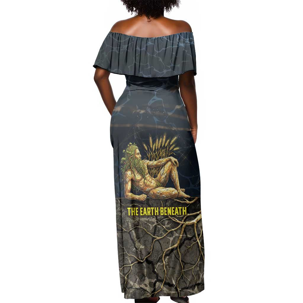 Geb Off Shoulder Maxi Dress Ancient Egyptian Cracked Earth and Wheat Illustration Egyptian Earth God - Wonder Print Shop
