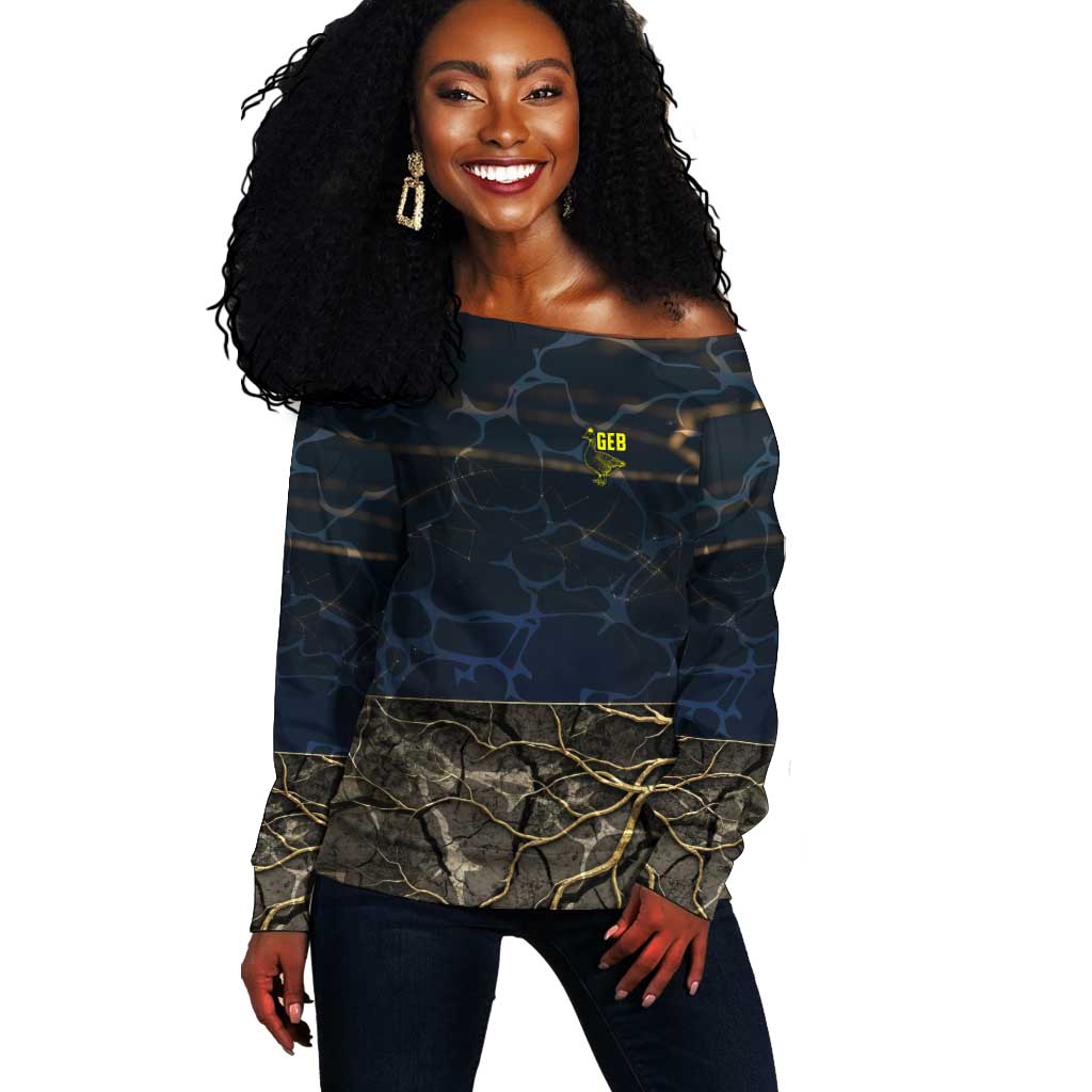 Geb Off Shoulder Sweater Ancient Egyptian Cracked Earth and Wheat Illustration Egyptian Earth God - Wonder Print Shop