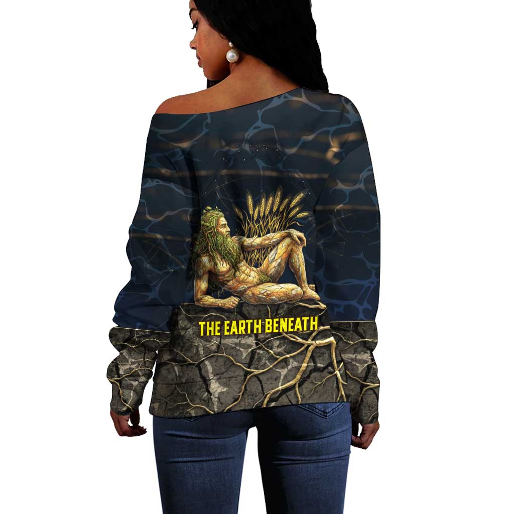 Geb Off Shoulder Sweater Ancient Egyptian Cracked Earth and Wheat Illustration Egyptian Earth God - Wonder Print Shop