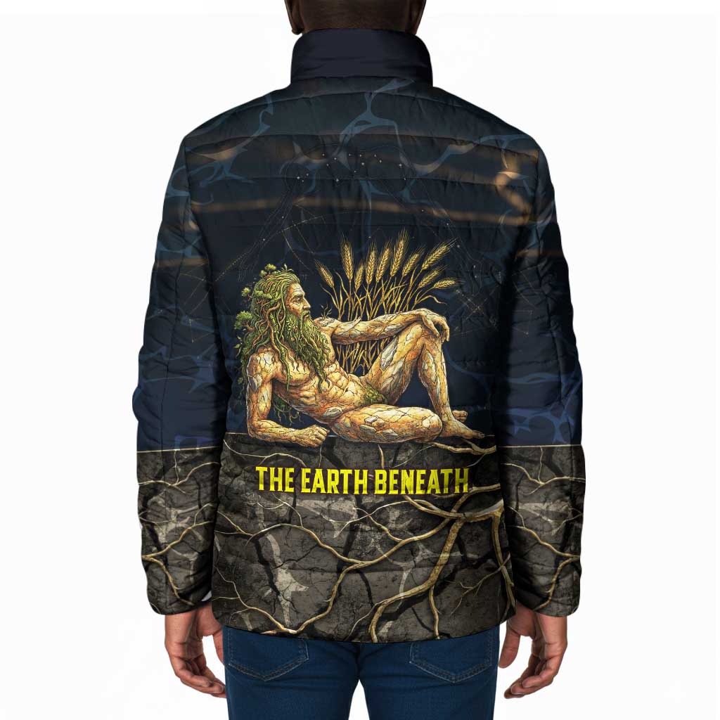 Geb Padded Jacket Ancient Egyptian Cracked Earth and Wheat Illustration Egyptian Earth God - Wonder Print Shop