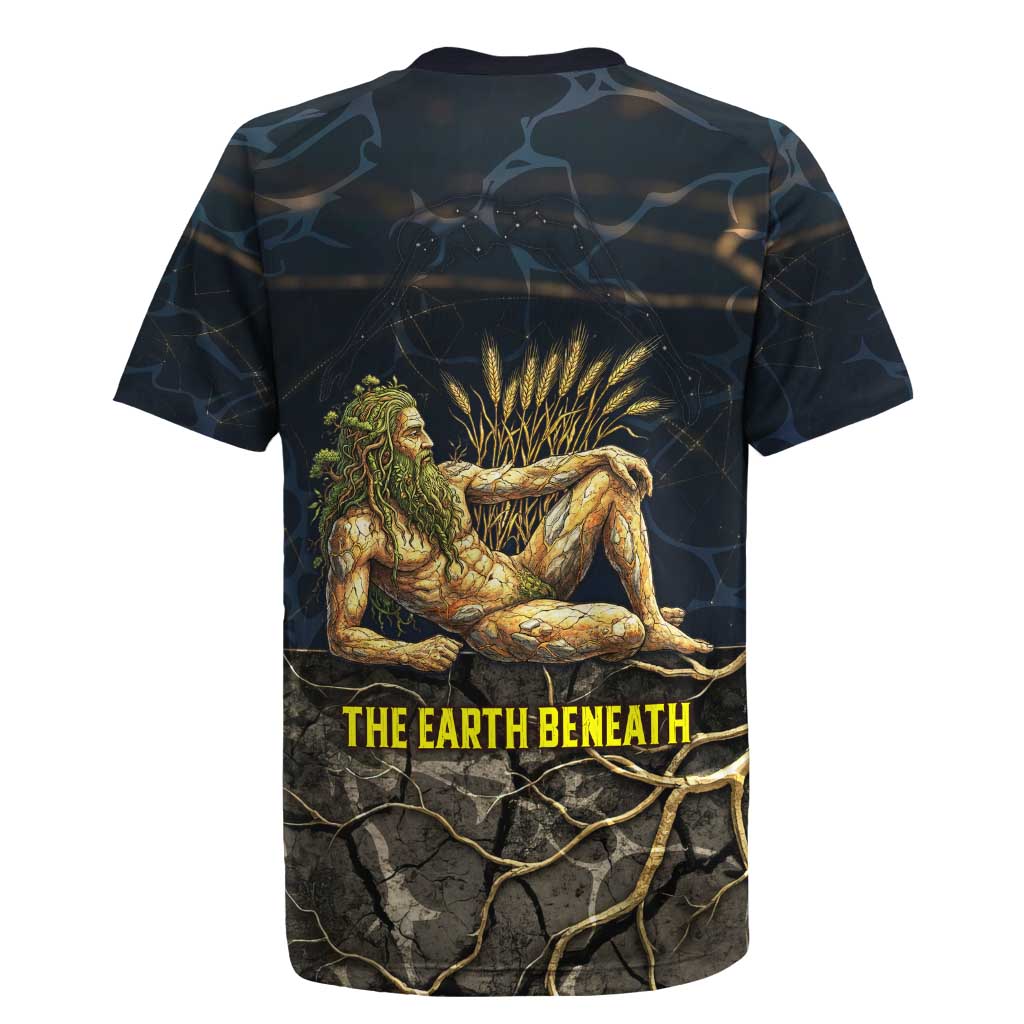 Geb Rugby Jersey Ancient Egyptian Cracked Earth and Wheat Illustration Egyptian Earth God - Wonder Print Shop