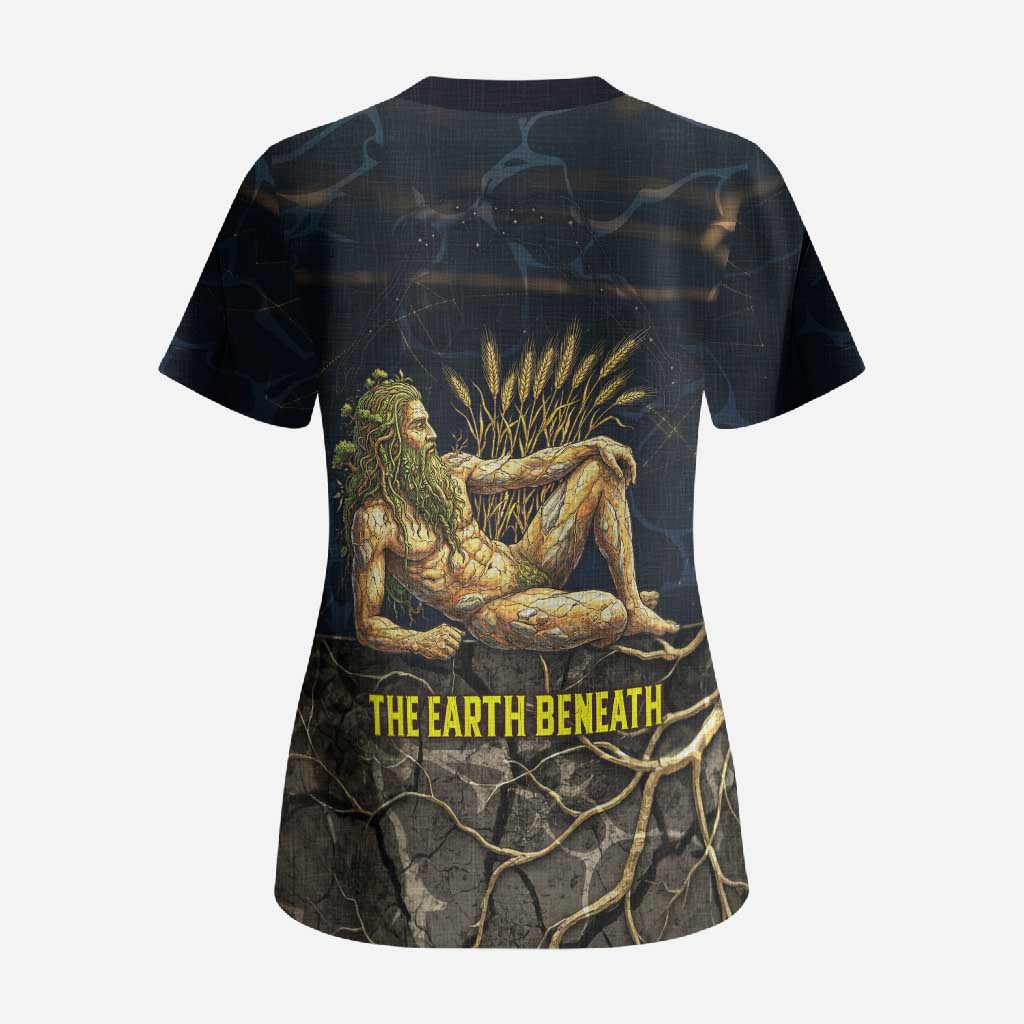 Geb Scrub Top Ancient Egyptian Cracked Earth and Wheat Illustration Egyptian Earth God - Wonder Print Shop