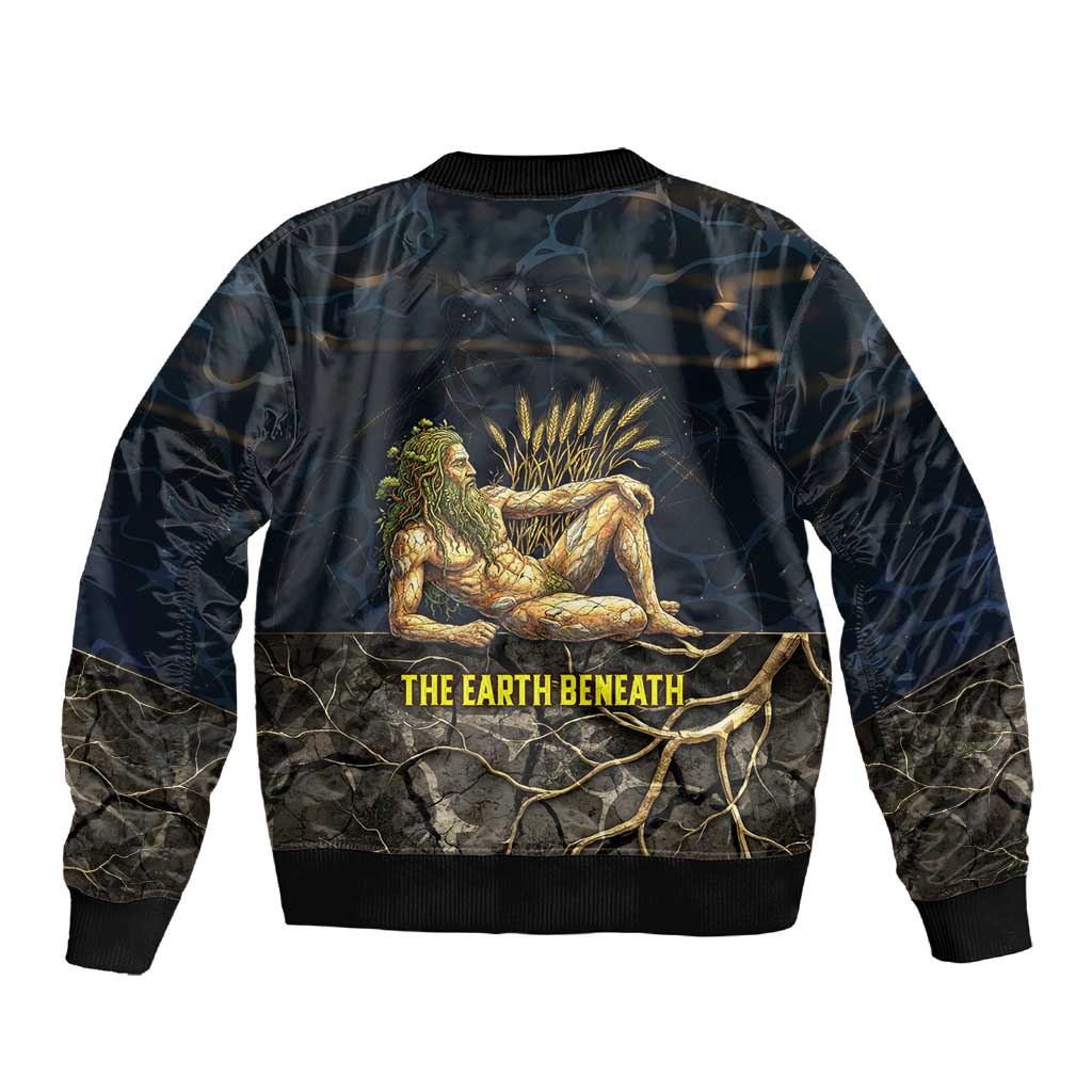 Geb Sleeve Zip Bomber Jacket Ancient Egyptian Cracked Earth and Wheat Illustration Egyptian Earth God - Wonder Print Shop