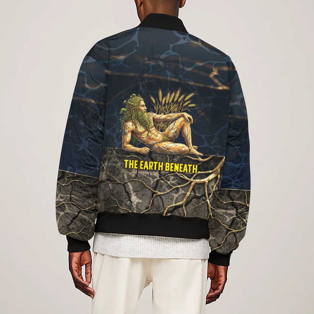 Geb Sleeve Zip Bomber Jacket Ancient Egyptian Cracked Earth and Wheat Illustration Egyptian Earth God - Wonder Print Shop