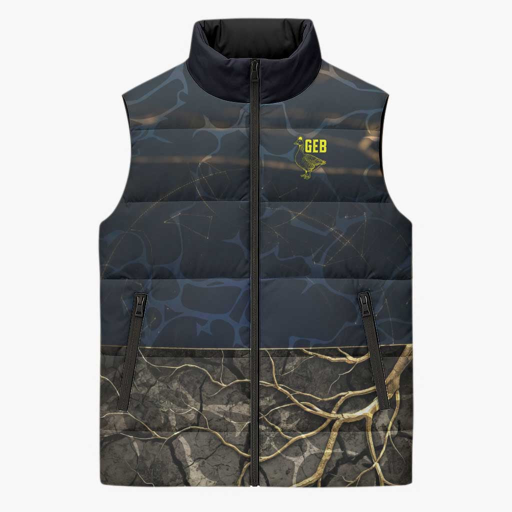 Geb Sleeveless Puffer Jacket Ancient Egyptian Cracked Earth and Wheat Illustration Egyptian Earth God - Wonder Print Shop