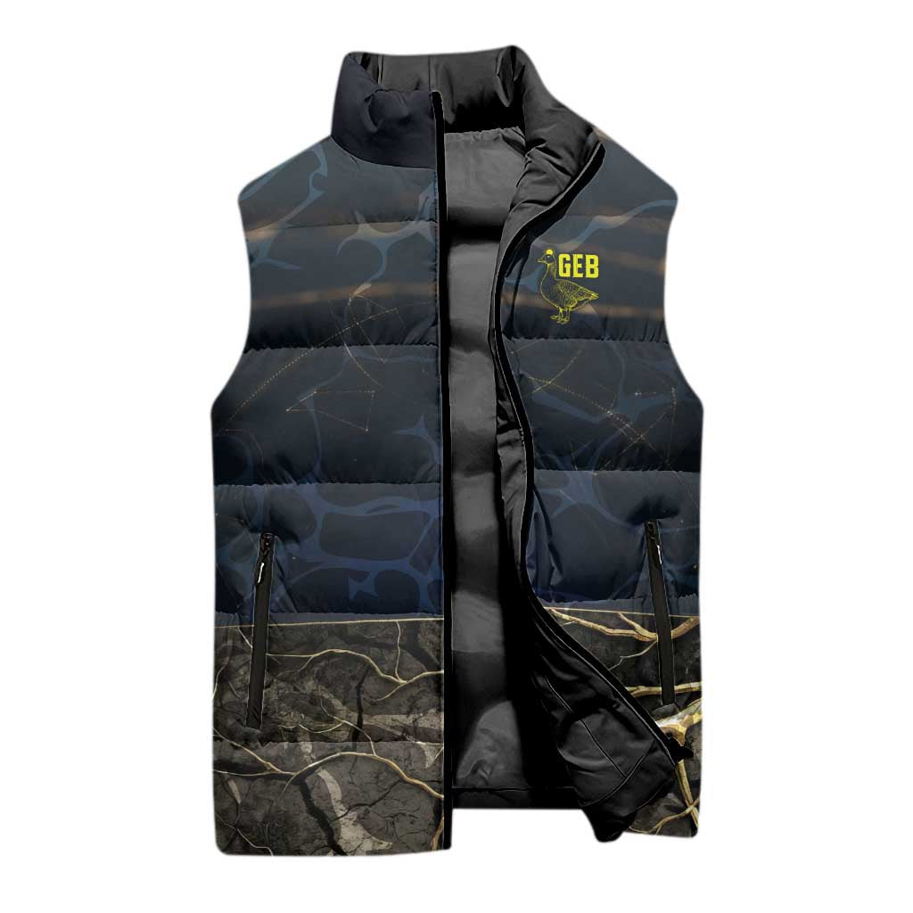Geb Sleeveless Puffer Jacket Ancient Egyptian Cracked Earth and Wheat Illustration Egyptian Earth God - Wonder Print Shop