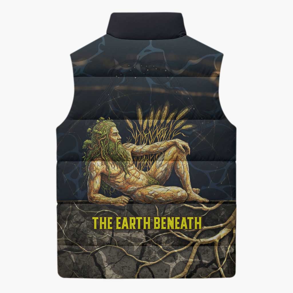 Geb Sleeveless Puffer Jacket Ancient Egyptian Cracked Earth and Wheat Illustration Egyptian Earth God - Wonder Print Shop