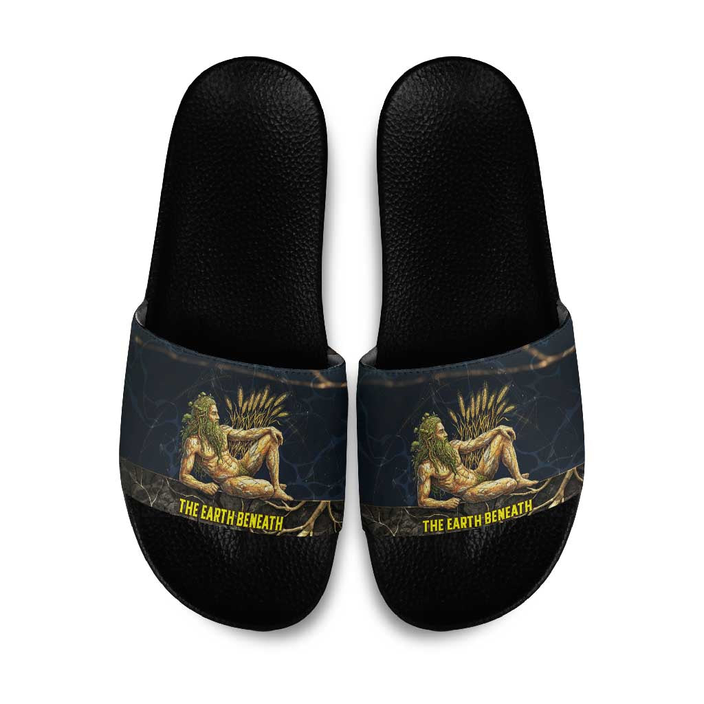 Geb Slide Sandals Ancient Egyptian Cracked Earth and Wheat Illustration Egyptian Earth God - Wonder Print Shop