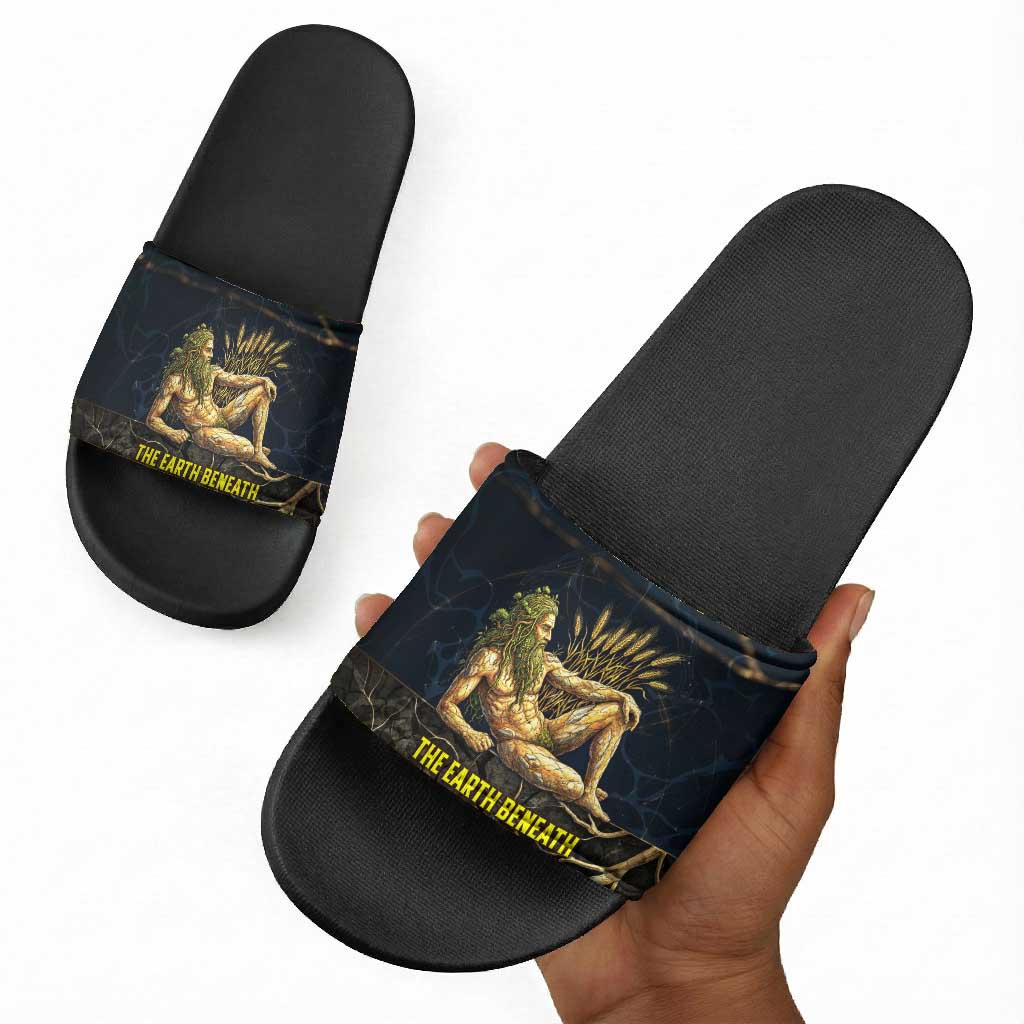Geb Slide Sandals Ancient Egyptian Cracked Earth and Wheat Illustration Egyptian Earth God - Wonder Print Shop
