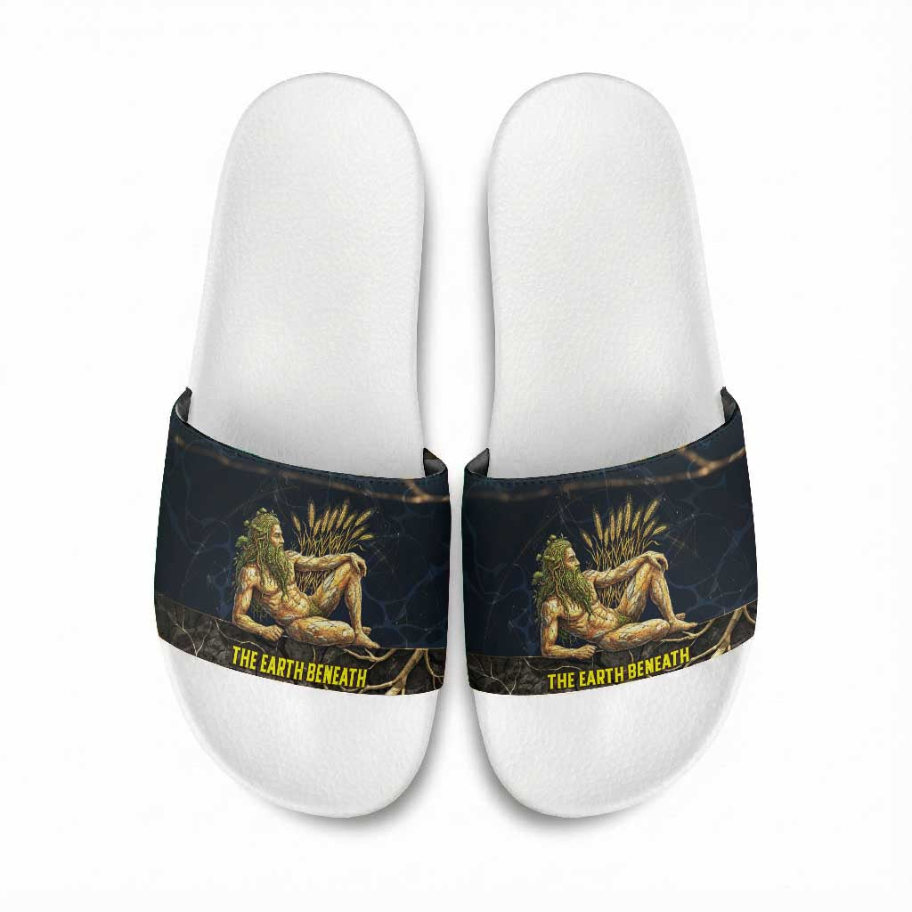 Geb Slide Sandals Ancient Egyptian Cracked Earth and Wheat Illustration Egyptian Earth God - Wonder Print Shop
