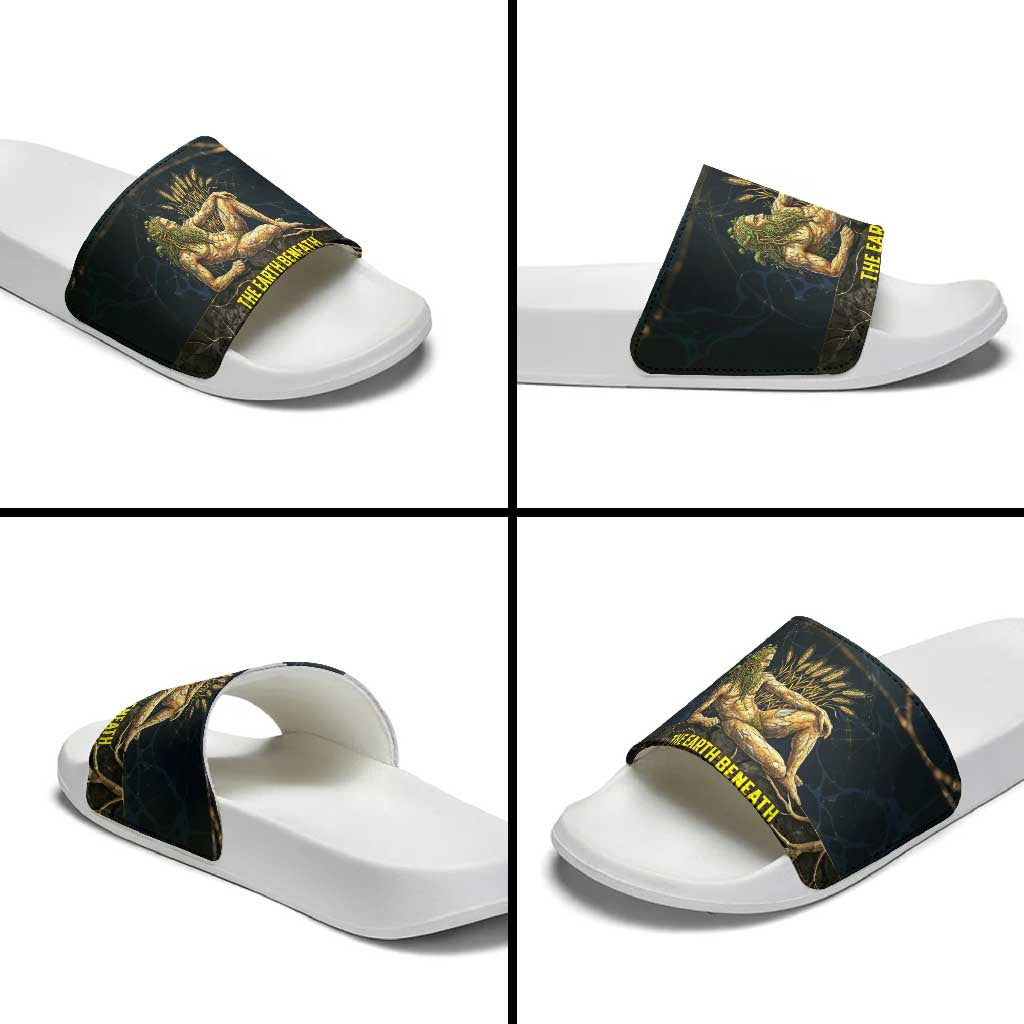 Geb Slide Sandals Ancient Egyptian Cracked Earth and Wheat Illustration Egyptian Earth God - Wonder Print Shop