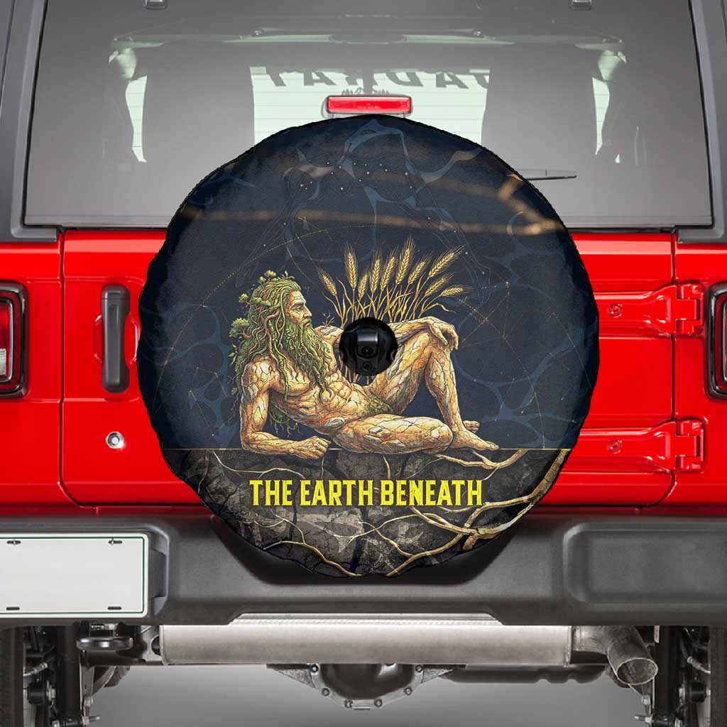 Geb Spare Tire Cover Ancient Egyptian Cracked Earth and Wheat Illustration Egyptian Earth God - Wonder Print Shop