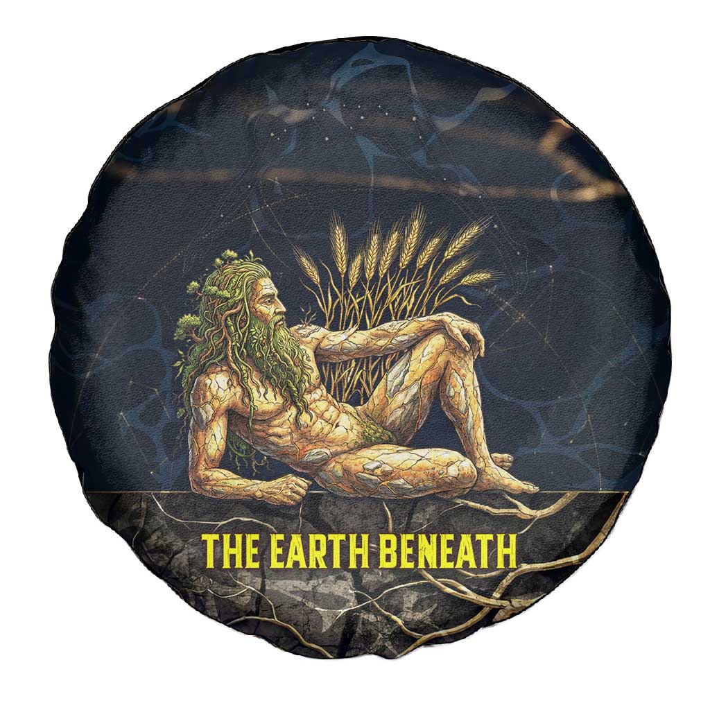 Geb Spare Tire Cover Ancient Egyptian Cracked Earth and Wheat Illustration Egyptian Earth God - Wonder Print Shop