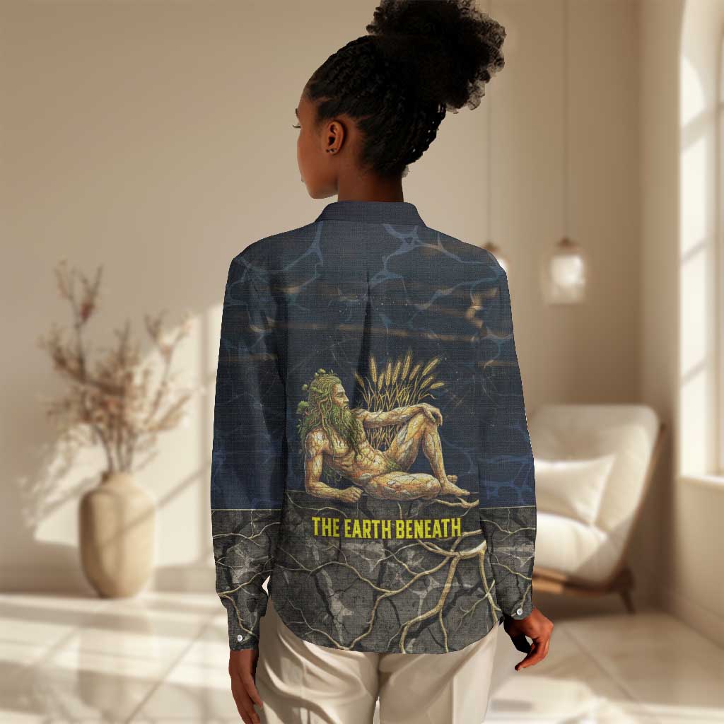 Geb Women Casual Shirt Ancient Egyptian Cracked Earth and Wheat Illustration Egyptian Earth God - Wonder Print Shop