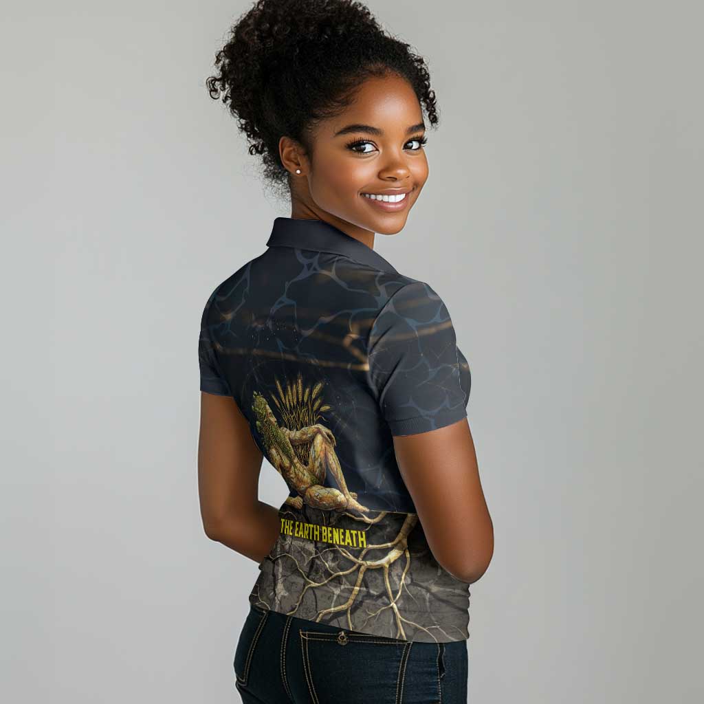 Geb Women Polo Shirt Ancient Egyptian Cracked Earth and Wheat Illustration Egyptian Earth God - Wonder Print Shop