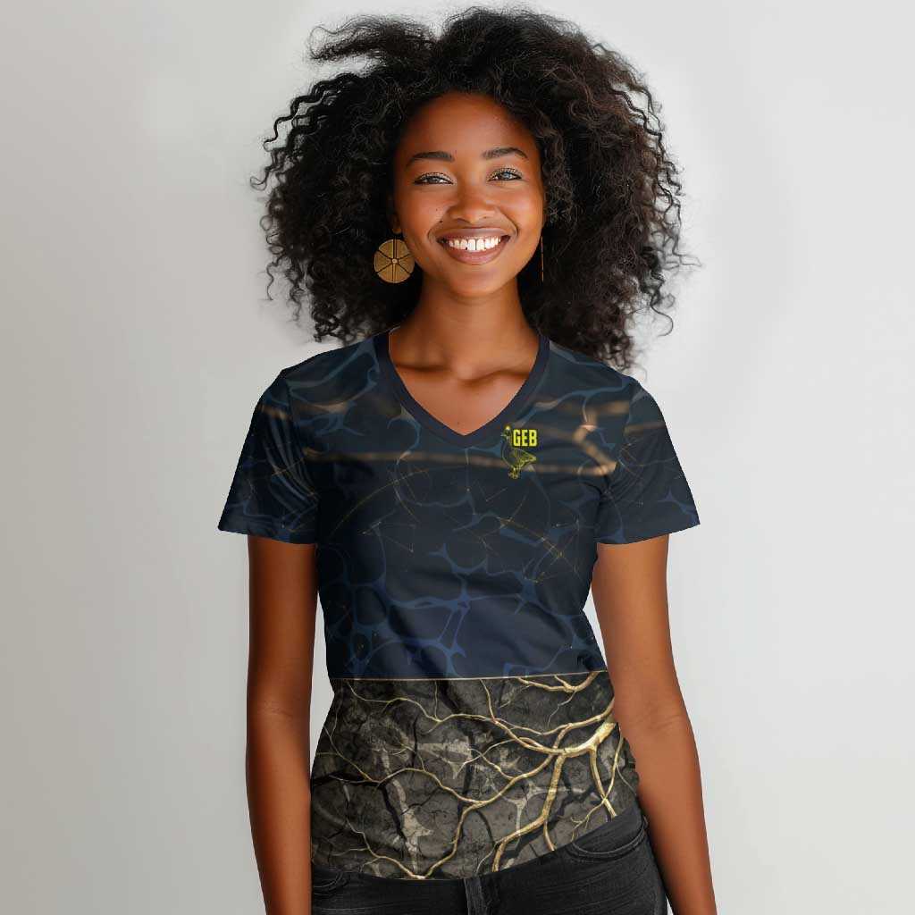 Geb Women V-Neck T-Shirt Ancient Egyptian Cracked Earth and Wheat Illustration Egyptian Earth God - Wonder Print Shop