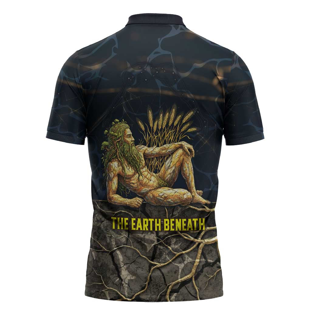 Geb Zipper Polo Shirt Ancient Egyptian Cracked Earth and Wheat Illustration Egyptian Earth God - Wonder Print Shop