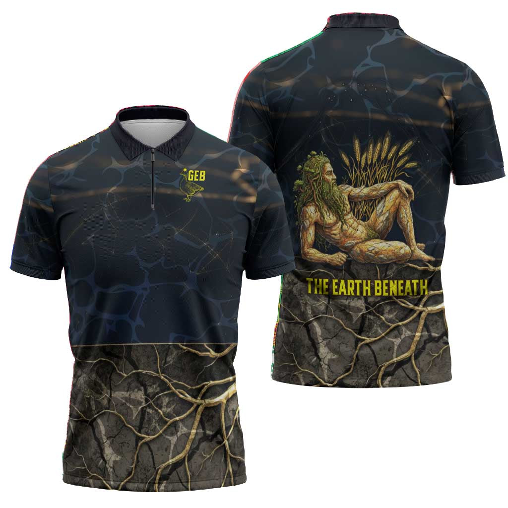 Geb Zipper Polo Shirt Ancient Egyptian Cracked Earth and Wheat Illustration Egyptian Earth God - Wonder Print Shop