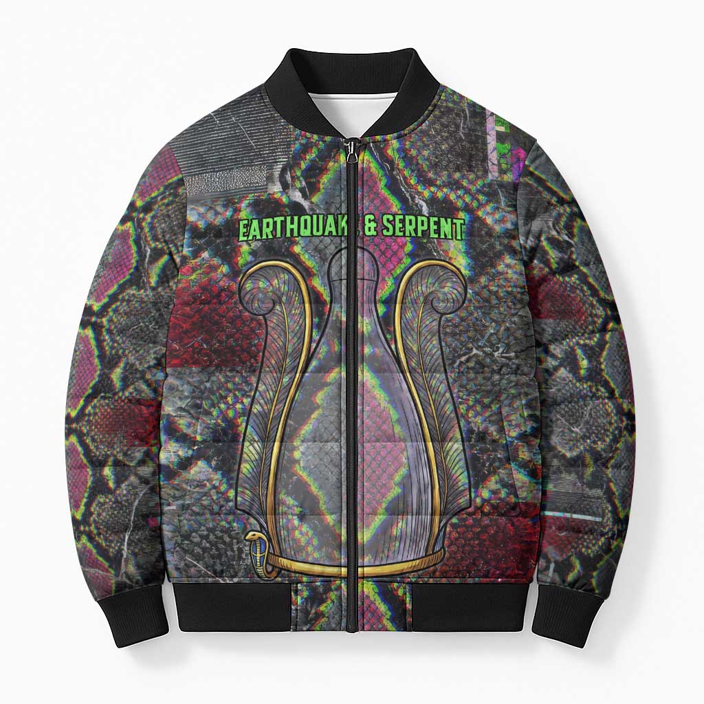 Geb Ancient Egyptian Bomber Puffer Jacket with Serpent Throne and Snake Skin Texture Egyptian Earth God Tribute - Wonder Print Shop