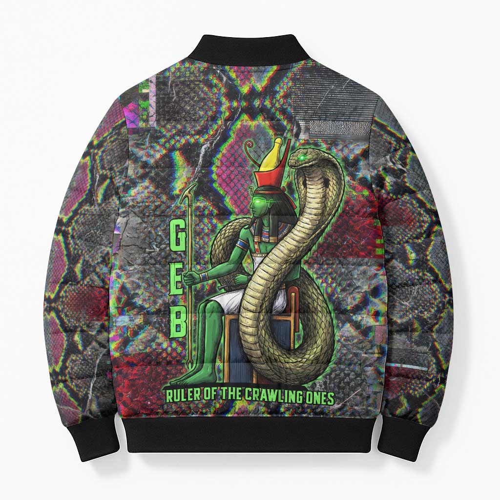 Geb Ancient Egyptian Bomber Puffer Jacket with Serpent Throne and Snake Skin Texture Egyptian Earth God Tribute - Wonder Print Shop