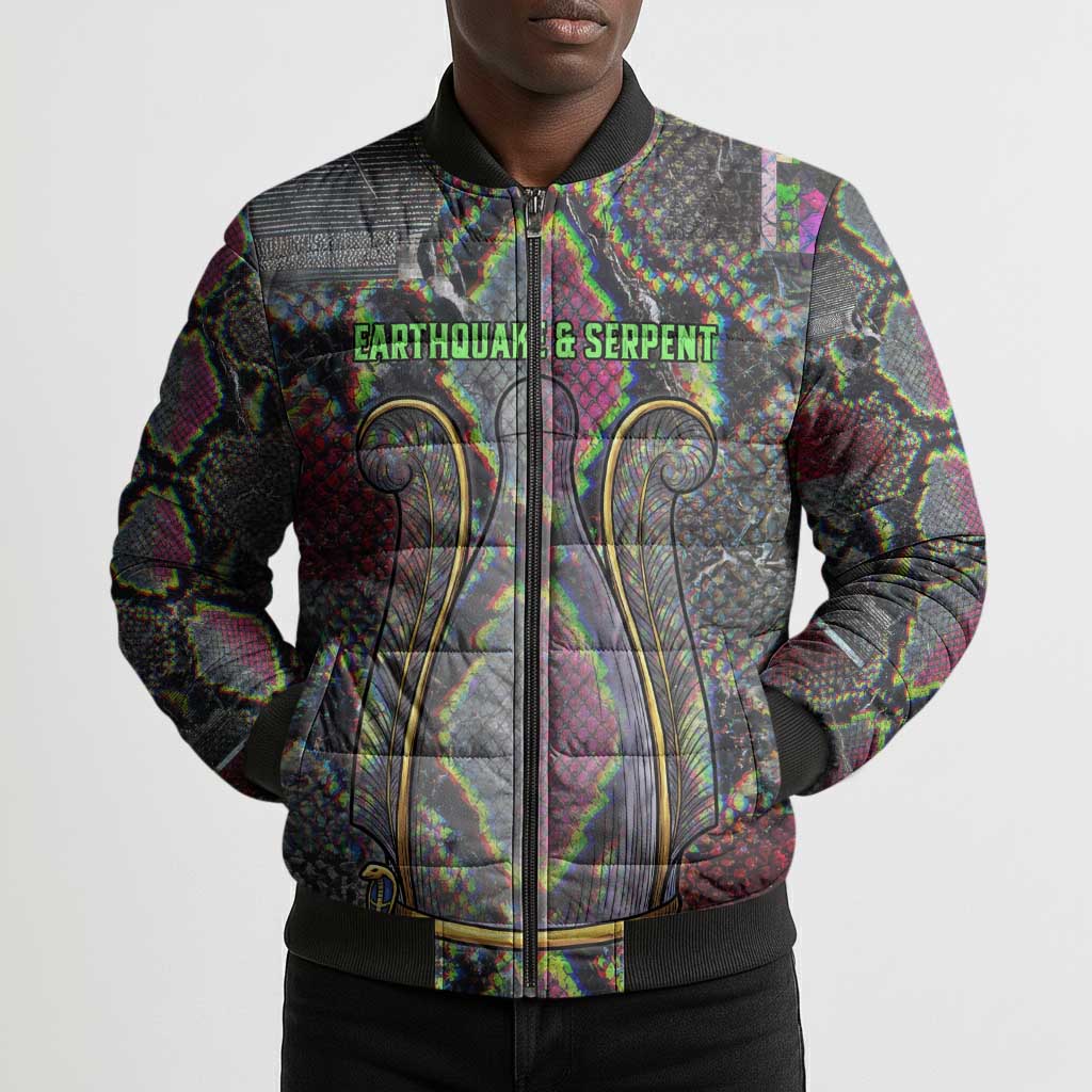 Geb Ancient Egyptian Bomber Puffer Jacket with Serpent Throne and Snake Skin Texture Egyptian Earth God Tribute - Wonder Print Shop