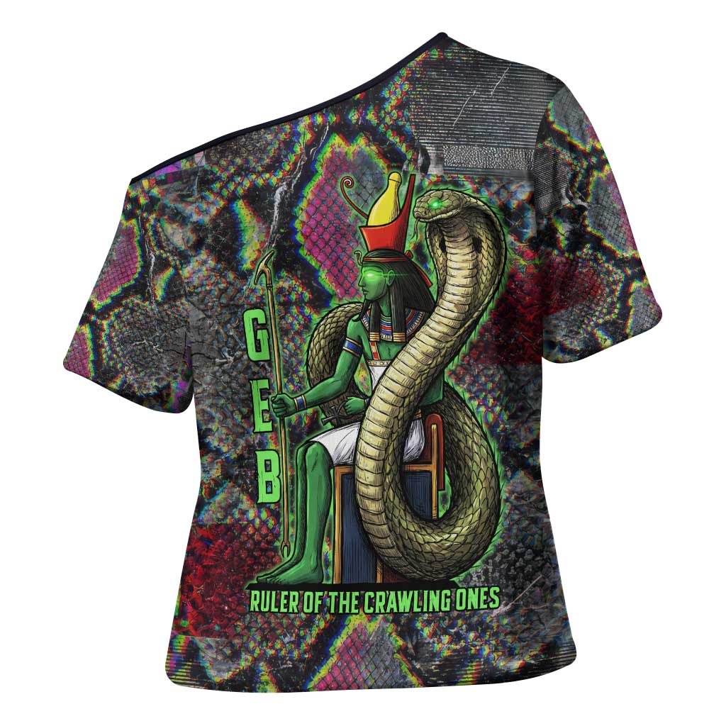 Geb Ancient Egyptian Cross Shoulder Shirt with Serpent Throne and Snake Skin Texture Egyptian Earth God Tribute - Wonder Print Shop