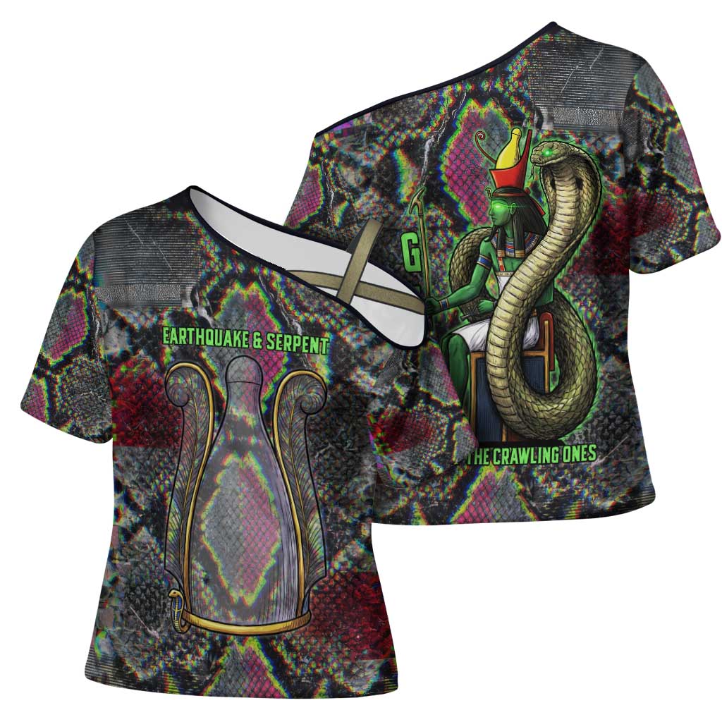 Geb Ancient Egyptian Cross Shoulder Shirt with Serpent Throne and Snake Skin Texture Egyptian Earth God Tribute - Wonder Print Shop