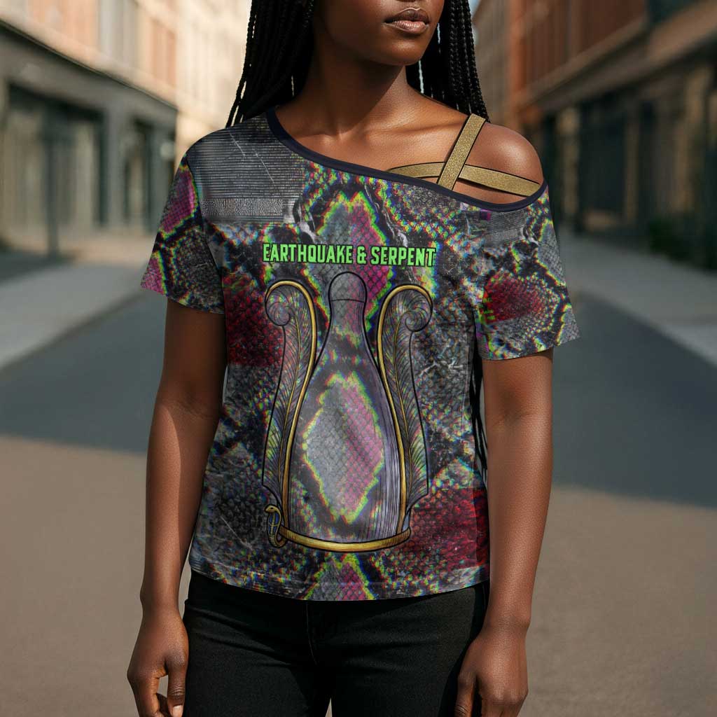 Geb Ancient Egyptian Cross Shoulder Shirt with Serpent Throne and Snake Skin Texture Egyptian Earth God Tribute - Wonder Print Shop