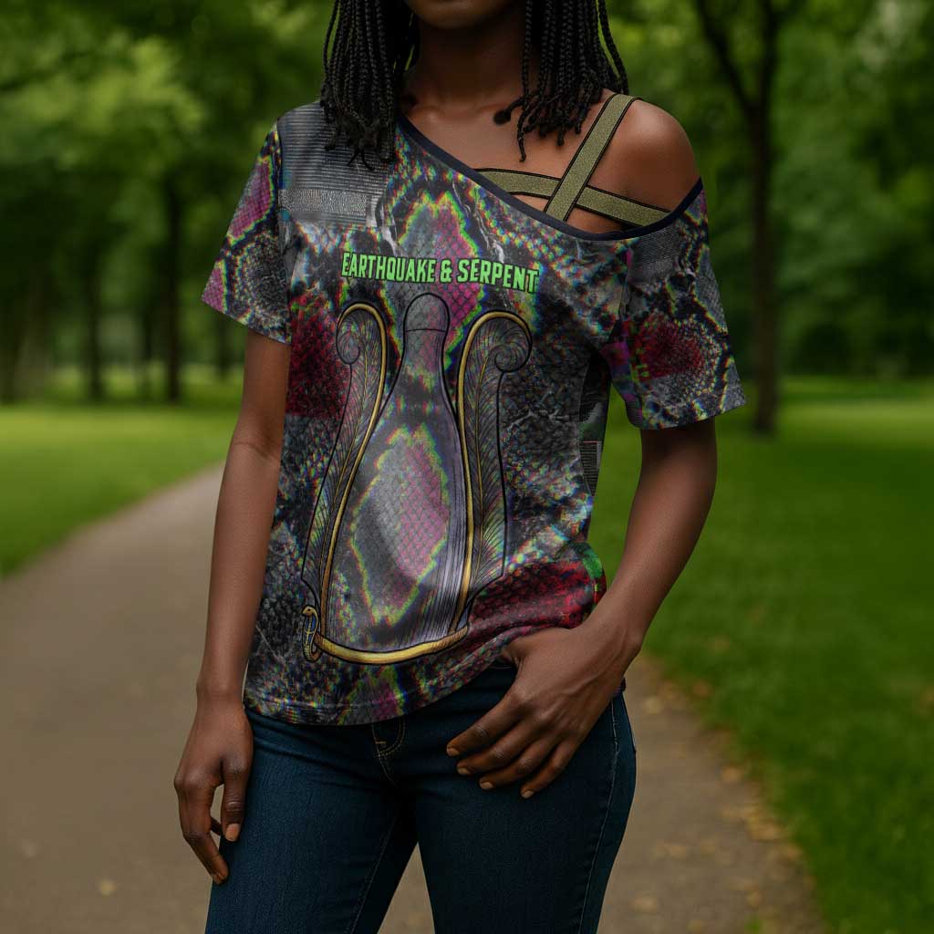 Geb Ancient Egyptian Cross Shoulder Shirt with Serpent Throne and Snake Skin Texture Egyptian Earth God Tribute - Wonder Print Shop