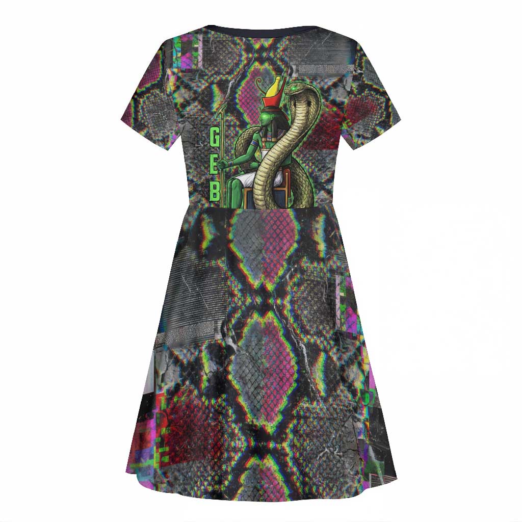 Geb Ancient Egyptian Kid Short Sleeve Dress with Serpent Throne and Snake Skin Texture Egyptian Earth God Tribute - Wonder Print Shop