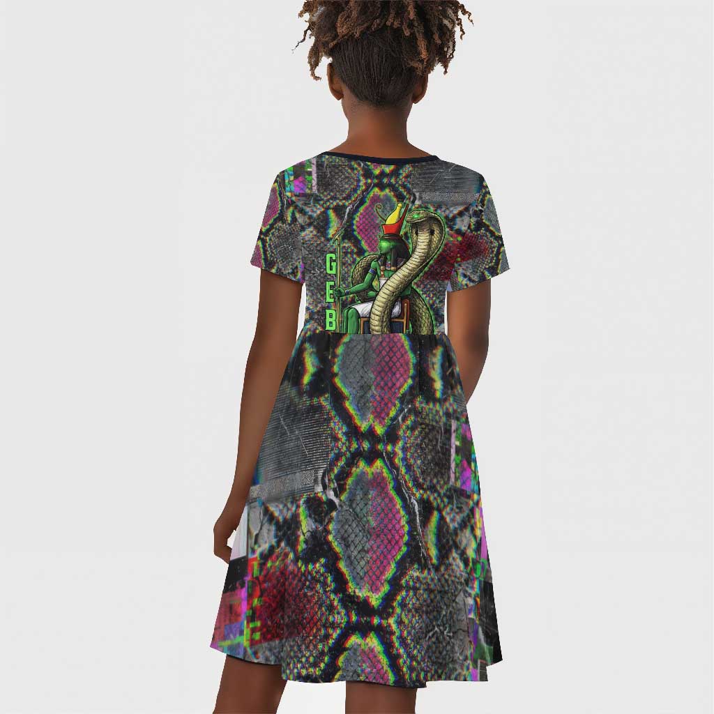 Geb Ancient Egyptian Kid Short Sleeve Dress with Serpent Throne and Snake Skin Texture Egyptian Earth God Tribute - Wonder Print Shop