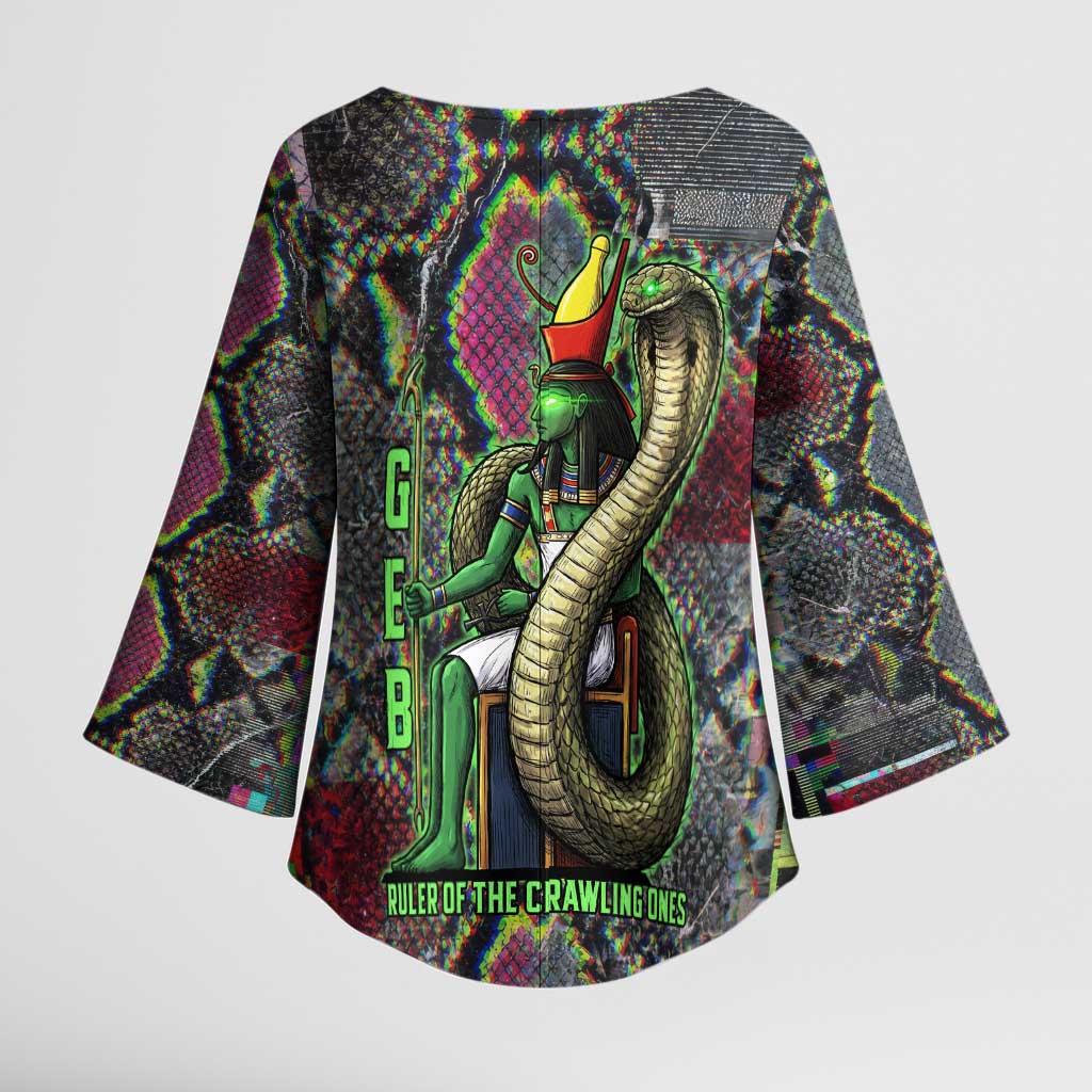 Geb Ancient Egyptian Kimono Sleeve Blouse with Serpent Throne and Snake Skin Texture Egyptian Earth God Tribute - Wonder Print Shop