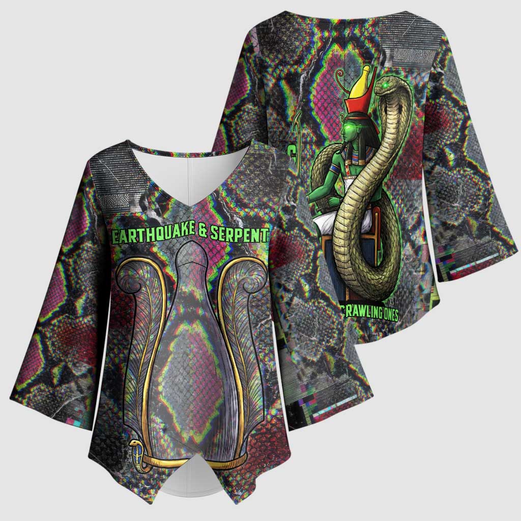 Geb Ancient Egyptian Kimono Sleeve Blouse with Serpent Throne and Snake Skin Texture Egyptian Earth God Tribute - Wonder Print Shop