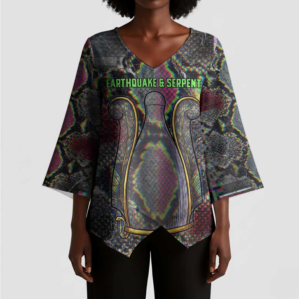 Geb Ancient Egyptian Kimono Sleeve Blouse with Serpent Throne and Snake Skin Texture Egyptian Earth God Tribute - Wonder Print Shop