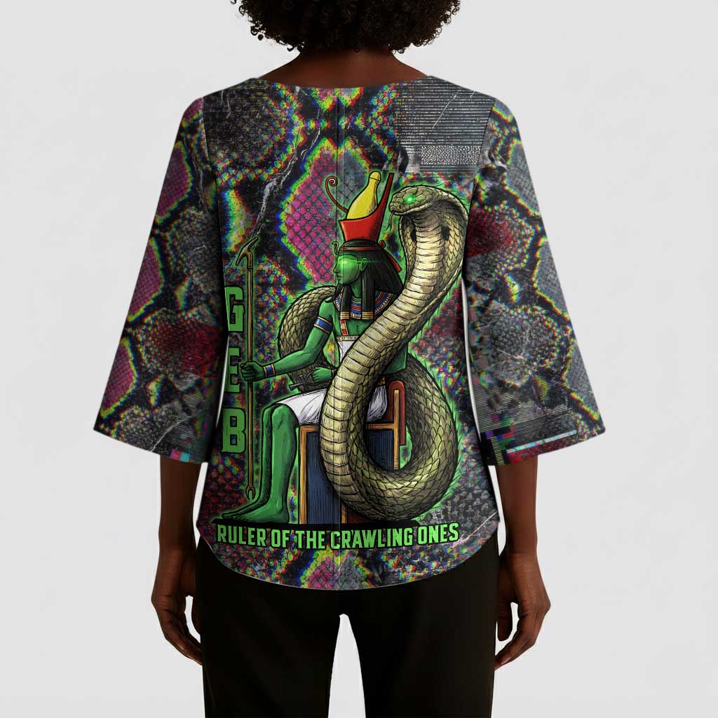 Geb Ancient Egyptian Kimono Sleeve Blouse with Serpent Throne and Snake Skin Texture Egyptian Earth God Tribute - Wonder Print Shop