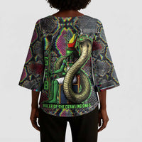 Geb Ancient Egyptian Kimono Sleeve Blouse with Serpent Throne and Snake Skin Texture Egyptian Earth God Tribute - Wonder Print Shop