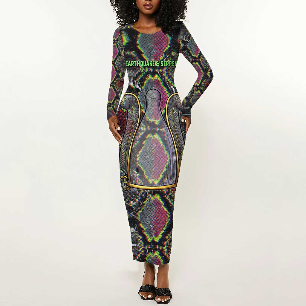 Geb Ancient Egyptian Long Sleeve Bodycon Dress with Serpent Throne and Snake Skin Texture Egyptian Earth God Tribute - Wonder Print Shop