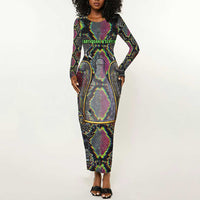 Geb Ancient Egyptian Long Sleeve Bodycon Dress with Serpent Throne and Snake Skin Texture Egyptian Earth God Tribute - Wonder Print Shop