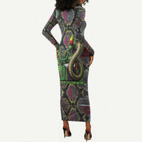 Geb Ancient Egyptian Long Sleeve Bodycon Dress with Serpent Throne and Snake Skin Texture Egyptian Earth God Tribute - Wonder Print Shop