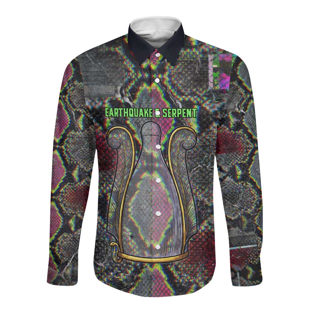 Geb Ancient Egyptian Long Sleeve Button Shirt with Serpent Throne and Snake Skin Texture Egyptian Earth God Tribute - Wonder Print Shop