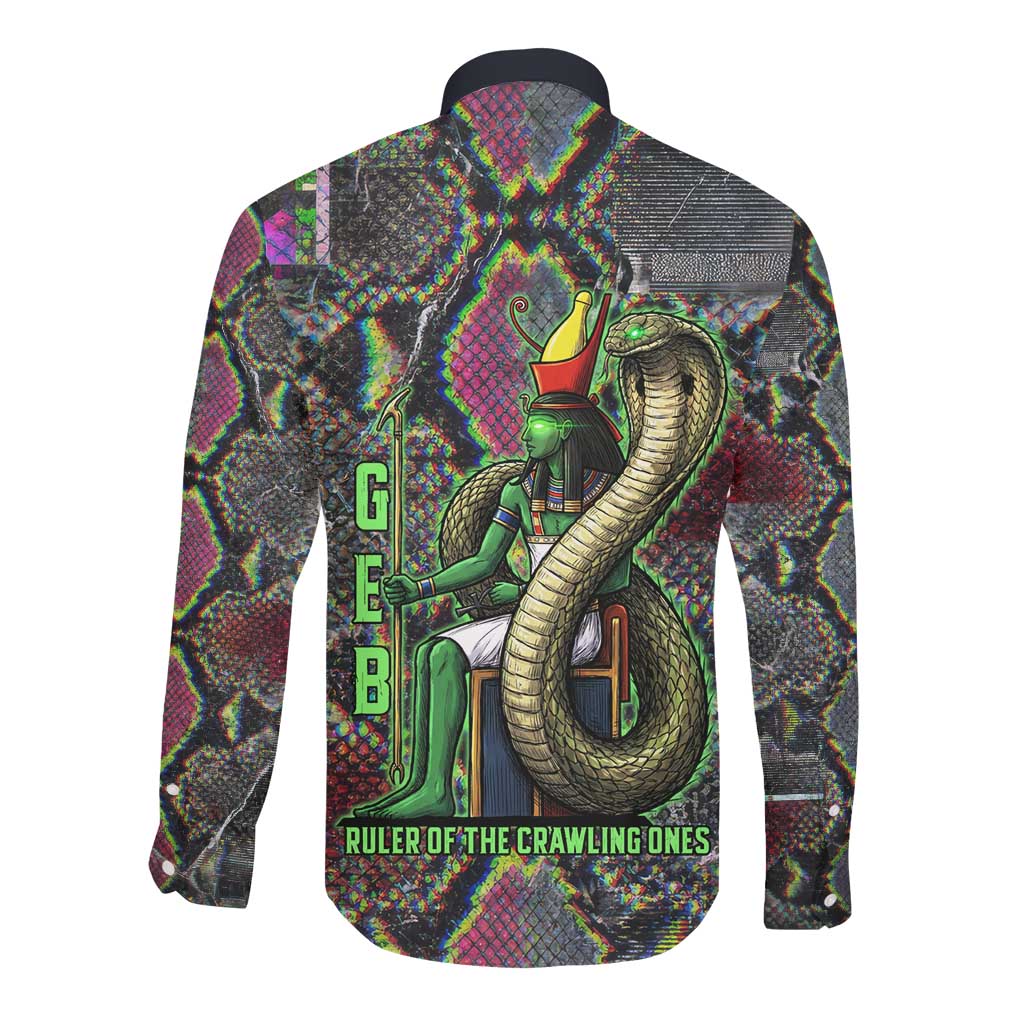 Geb Ancient Egyptian Long Sleeve Button Shirt with Serpent Throne and Snake Skin Texture Egyptian Earth God Tribute - Wonder Print Shop
